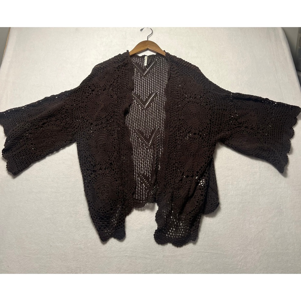 Willow & Clay M Cardigan Boho Crochet Knit Brown Open Goblin Layering Indie Y2K